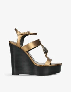 Kurt Geiger London Hampton Eagle-embellished Metallic-leather Wedge Sandals