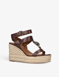 Kurt Geiger London Hampton Eagle-embellished Leather Wedge Sandals -Kurtgeiger Store R04067469 BROWN ALT02