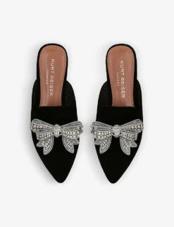 Kurt Geiger London Olive Bow Crystal-embellished Velvet Flat Mules -Kurtgeiger Store R04153047 BLACK ALT01